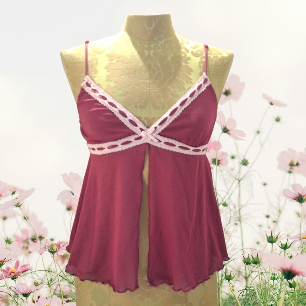 Garage Y2K Babydoll Cami Top Sheer Burgundy Petite Small Fairycore WhimsyGoth
